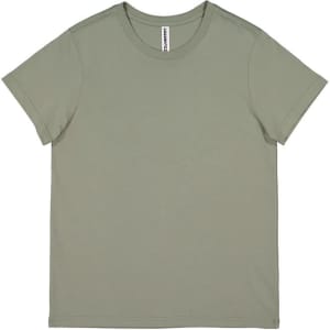 A women's short sleeve tee in a muted olive green shade, featuring a simple design and a logo label.