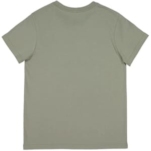 A green short sleeve T-shirt featuring a simple design and a logo on the back.