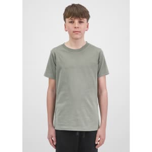 A youth short sleeve tee in olive green, featuring a simple design and a fitted style. It has a logo.