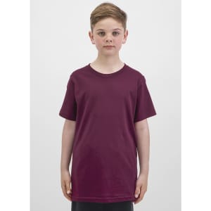 A maroon short sleeve tee for kids, featuring a simple design and a logo on the front.