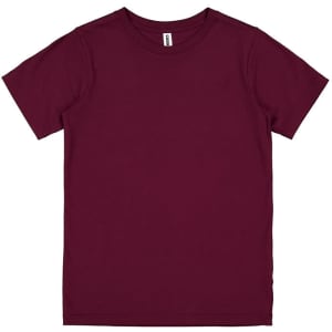A maroon short sleeve tee with a label and no additional graphics or text. Suitable for kids.