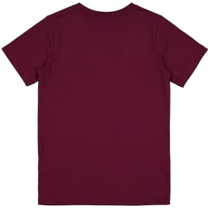 A maroon short sleeve tee featuring a plain back and a logo at the neckline. Suitable for kids.