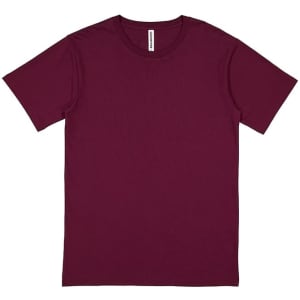 A maroon short sleeve tee with a plain design and a label inside, featuring a logo.