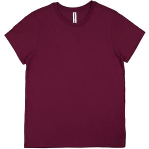 A burgundy short sleeve tee with a round neckline and a logo on the label.