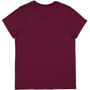 A burgundy women's short sleeve tee featuring a simple design and a logo on the back.