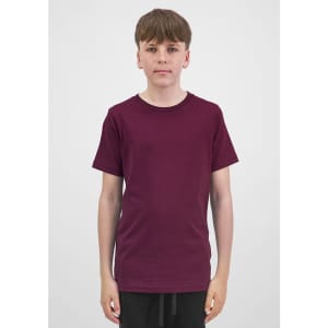 A youth short sleeve tee in burgundy with a simple design, featuring a logo on the fabric.