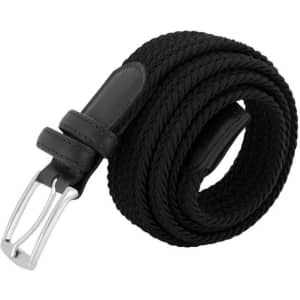 A black unisex casual belt made of woven material, featuring a sleek silver metal buckle.