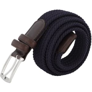 A braided navy unisex casual belt with a brown leather strap and a silver buckle. It features a logo on the buckle.