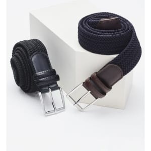 A unisex casual belt in black woven fabric and a navy woven fabric, both featuring silver buckles.