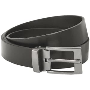 A black leather belt featuring a silver buckle and a simple, classic design.