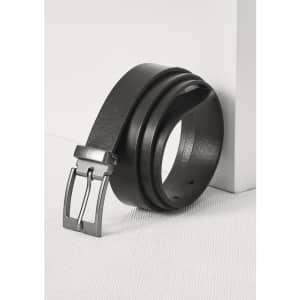 A black leather belt with a silver buckle, positioned against a neutral background.