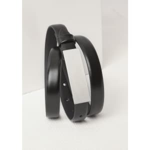 A black women's leather belt with a silver buckle, featuring a sleek design and a branding logo.