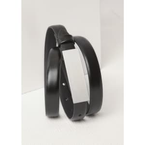 A black leather belt with a sleek metallic buckle, featuring a smooth finish and minimalistic design.