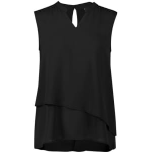 A black sleeveless blouse with a layered design and keyhole neckline. It features an interior logo.