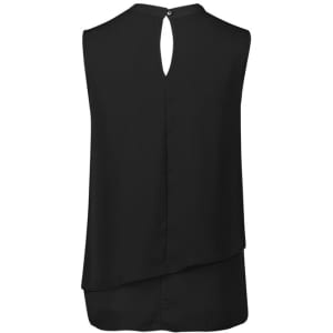 A black sleeveless layered blouse featuring a keyhole back design and an elegant draped silhouette.