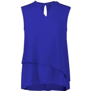 A sleeveless layered blouse in a vibrant blue colour with a keyhole neckline and a curved hem. It features a logo.