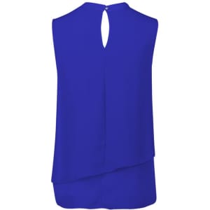 A sleeveless layered blouse in a vibrant blue colour, featuring a keyhole back and a flowing design.