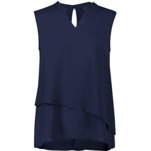 A sleeveless, layered blouse in navy blue featuring a keyhole neckline and a flowing silhouette.