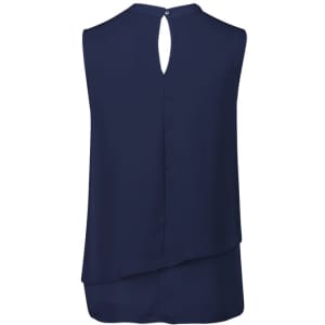 A navy sleeveless blouse featuring a layered design and a keyhole back detail, with a logo present.