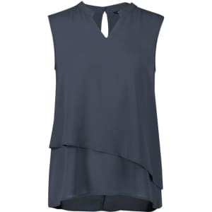 A sleeveless layered blouse in a deep blue colour with a keyhole neckline and a flowing cut. Features a logo.