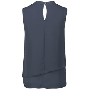 A sleeveless layered blouse in a dark teal colour with a keyhole button detail at the back. Features a logo.