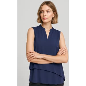 A sleeveless layered blouse in navy blue, featuring a stand-up collar and a flowing design. It has a logo.