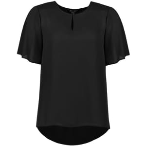 A black short sleeve blouse with a keyhole detail at the neckline and flowing sleeves, featuring a logo.