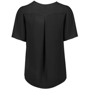 A black women's short sleeve blouse featuring a pleat detail at the back and a smooth fabric finish.