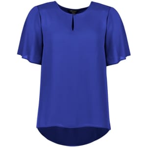 A blue women's short sleeve blouse with a keyhole detail and a flowing hemline. It features a logo.