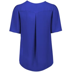 A blue women's short sleeve blouse featuring a pleated back design and soft fabric. It includes a logo.