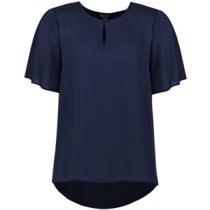 A navy short sleeve blouse with a keyhole neckline and a slight flare at the sleeves, featuring a logo.