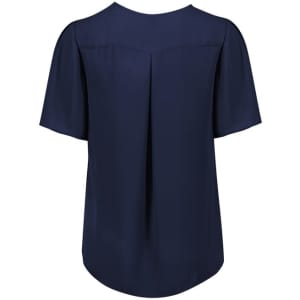 A navy blue women’s short sleeve blouse with a pleated back design and a logo.