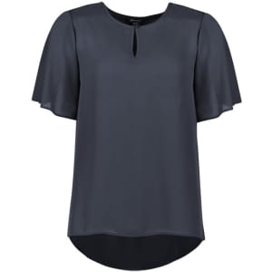A short sleeve blouse in dark blue, featuring a keyhole neckline and a relaxed fit. It has a branding logo.
