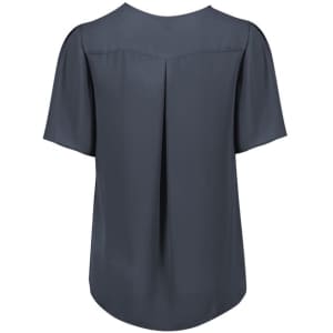 A grey women's short sleeve blouse with a pleat detail at the back and a relaxed fit. It features a simple design and has a logo.