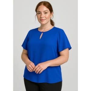 A blue short sleeve blouse with a keyhole detail and a loose fit, featuring a logo on the lower hem.