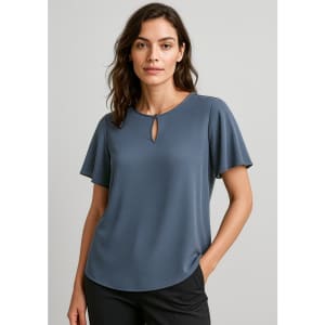 A women's short sleeve blouse in a soft blue, featuring a keyhole detail at the neckline and a relaxed fit.