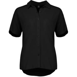A black short sleeve blouse with a collar and buttons, featuring a subtle logo on the label.
