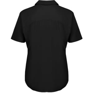 A black women's blouse with short sleeves and a collared neck, featuring a simple design and no visible logos.