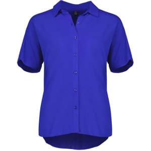 A women's short sleeve blouse in bright blue, featuring a button-up front and a collar. It has a logo.