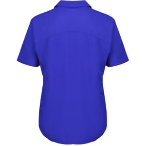 A blue short sleeve women's blouse with a collar, featuring a smooth fabric and a logo.