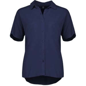 A navy short sleeve blouse featuring a button-up front and a relaxed fit. The blouse has a collar and rolled sleeves.