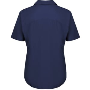 A navy short sleeve blouse with a collared neckline and a smooth back design. It features a logo on a label.