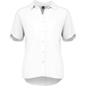 A white short sleeve blouse with a collar and button-up front, featuring rolled sleeves and a curved hem.