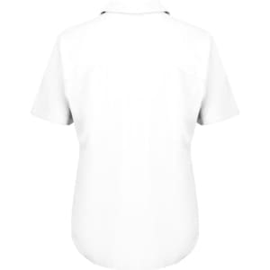 A short-sleeved white blouse with a collar and a curved hem. The back features a simple design and a logo.