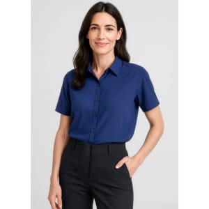A women's short sleeve blouse in navy blue, featuring a button-up front and a collared neckline.