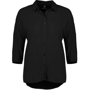 A black women's 3/4 sleeve blouse with button closure and a relaxed fit. Features a collar and a logo.