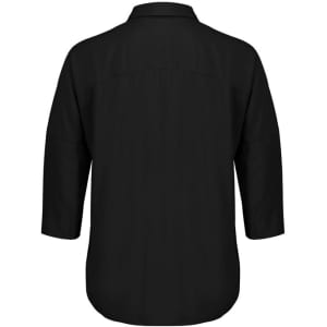 A black 3/4 sleeve blouse with a collar, featuring a back yoke detail and a loose fit. It has a simple design with no visible branding.