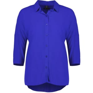A vibrant blue 3/4 sleeve blouse with a collar and button-down front, featuring a slight curved hem.