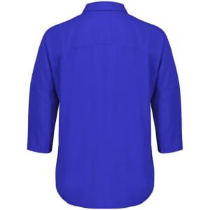 A blue women's blouse with 3/4 sleeves, featuring a collared neckline and a relaxed fit. It has a branding logo.