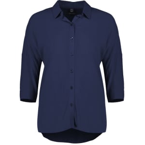 A navy women's blouse with 3/4 sleeves and a button-up front. Features a collar and a relaxed fit.